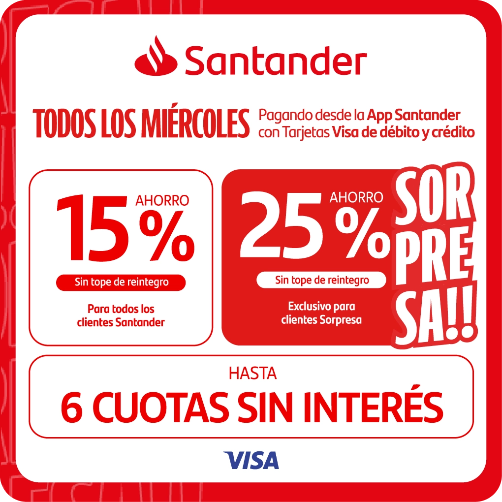 15% con santander sin tope de reintegro todos los miercoles.