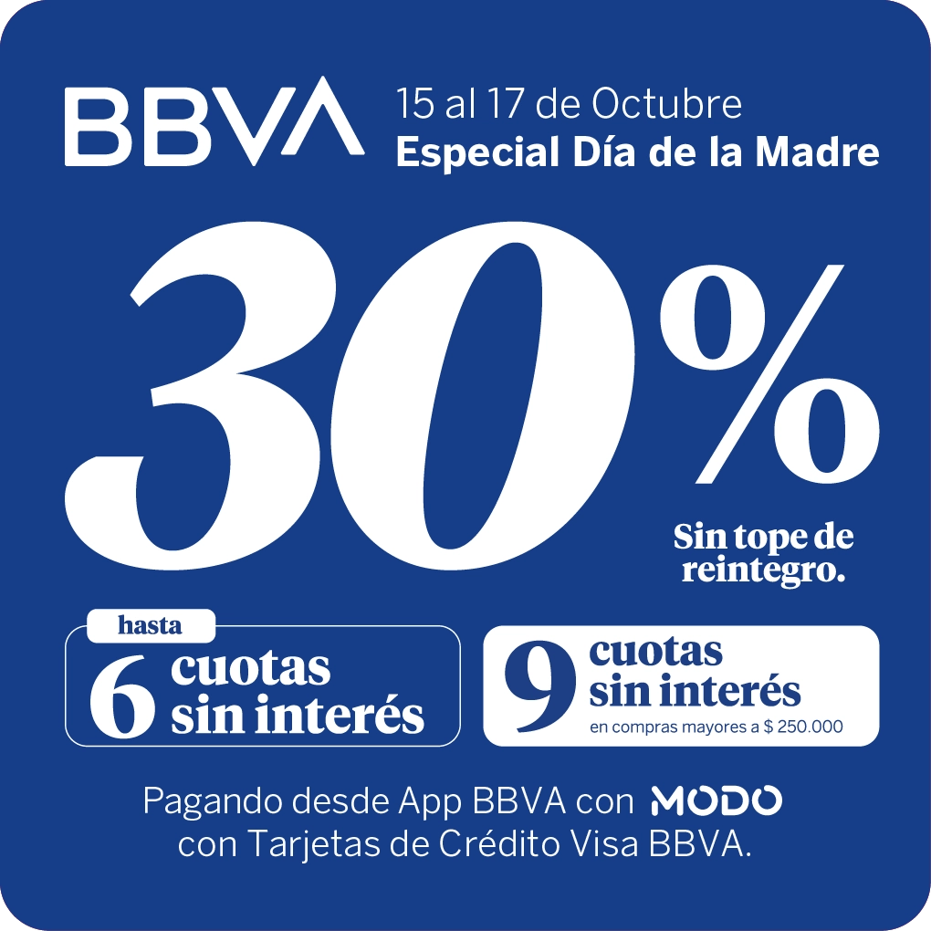 BBVA del 15 al 17 de octubre 30% y hasta 6 cuoas sin interés.